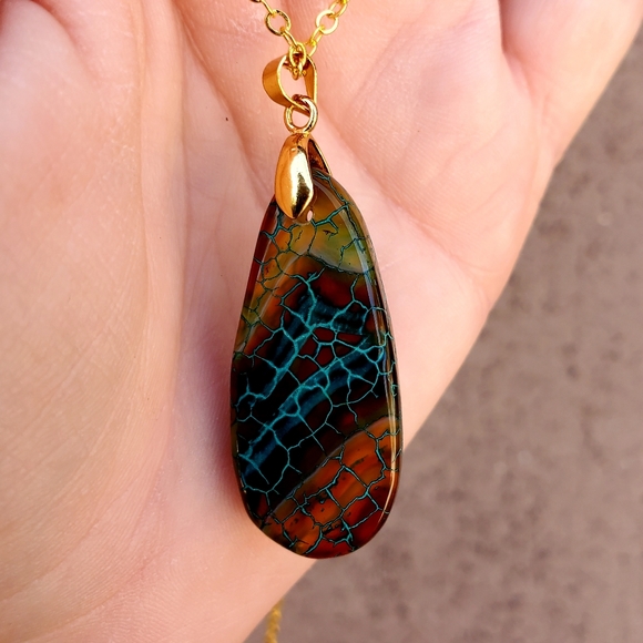 New Dragon Veins Agate Drop Gold Plated Necklace. - Picture 13 of 16